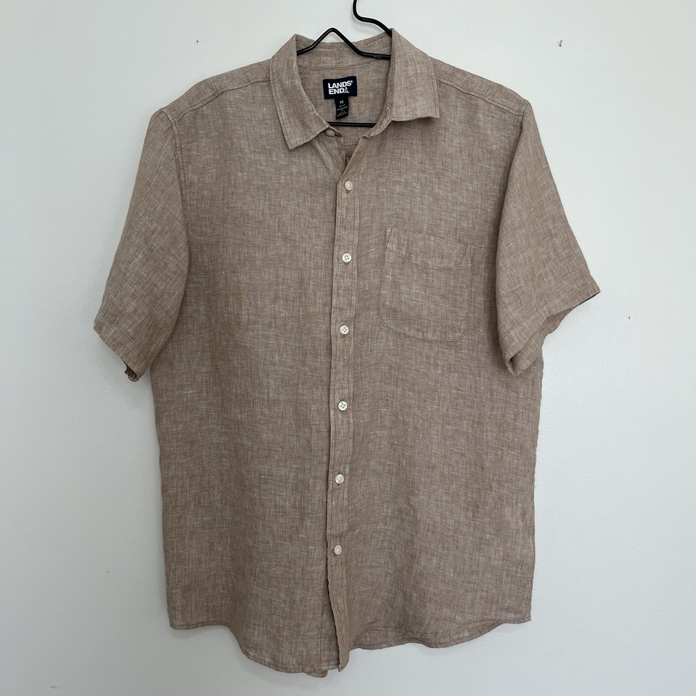 Land's End 100% Linen Short Sleeve Button Up Shirt Mens M Coastal Breathable - Picture 1 of 7